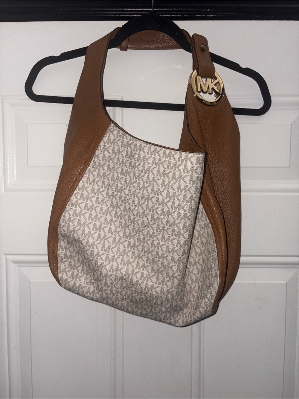 Michael Kors Tan and Cream MK Logo Hobo Shoulder Bag with Gold MK Charm